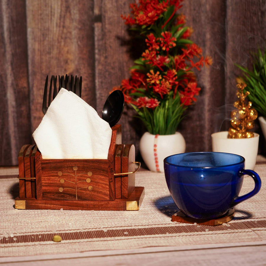 Wooden Coasters Cum Phone Stand and Visiting Card Holder, Coaster Set of 6 for Tea Cups Coffee Mugs Beer Cans Bar Tumblers and Water Glasses Dime Store