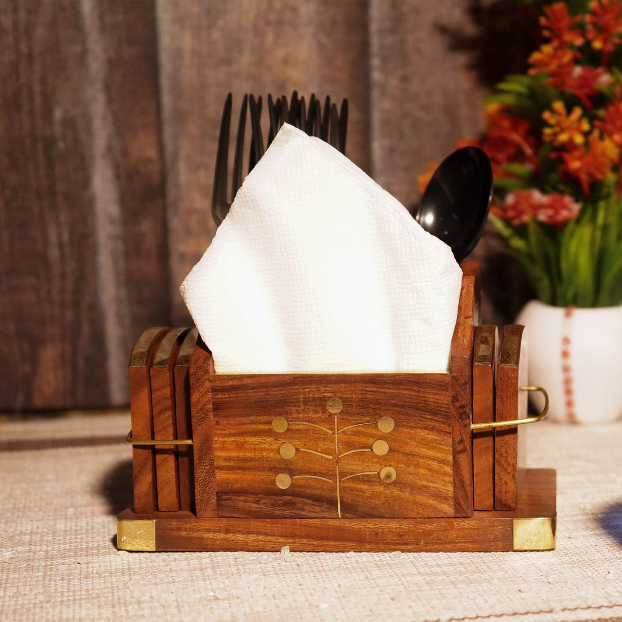 Wooden Coasters Cum Phone Stand and Visiting Card Holder, Coaster Set of 6 for Tea Cups Coffee Mugs Beer Cans Bar Tumblers and Water Glasses Dime Store