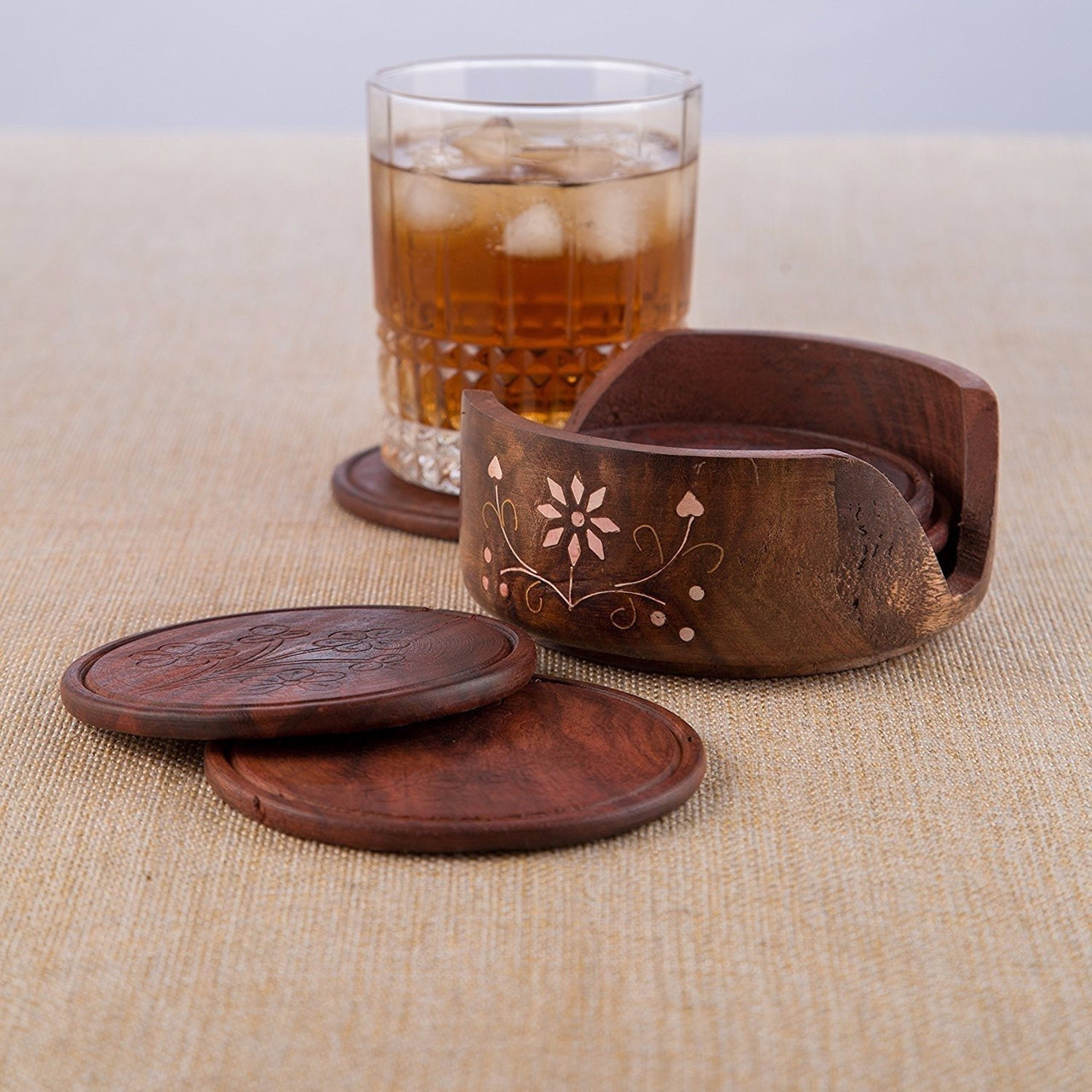 Wooden Lotus Tea Coaster Set of 6 for for Office ,Home Dining Table ,Water Glasses Tea Cups Coffee Mugs Beer Cans Bar Tumblers Dime Store