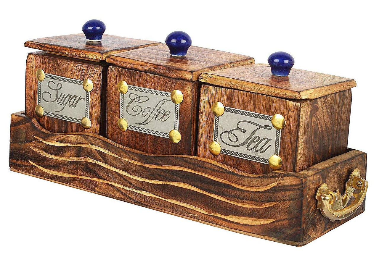 Wooden Tea Coffee Sugar Container Set | 3 Container Canister Set with Tray and Lid |Condiment Set | Coffee container for Kitchen Decoration Dime Store