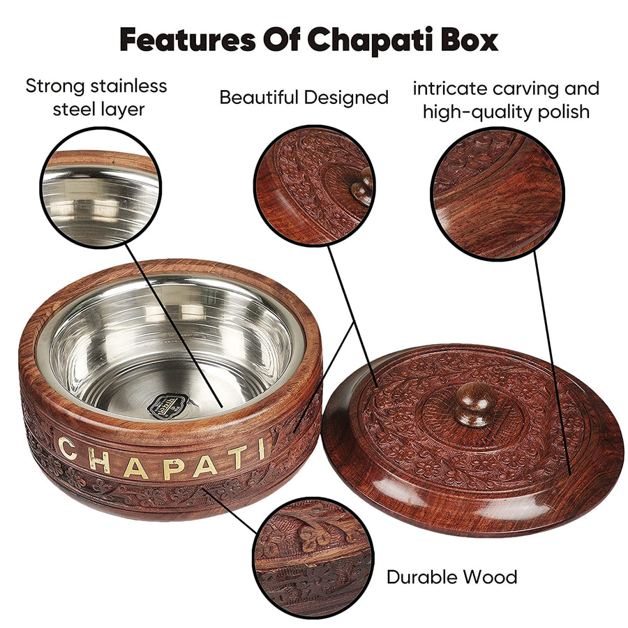 Wooden Handmade Serving Casserole for Roti Hot Pot, Casserole, Roti Dabba for Kitchen Decoration Dime Store