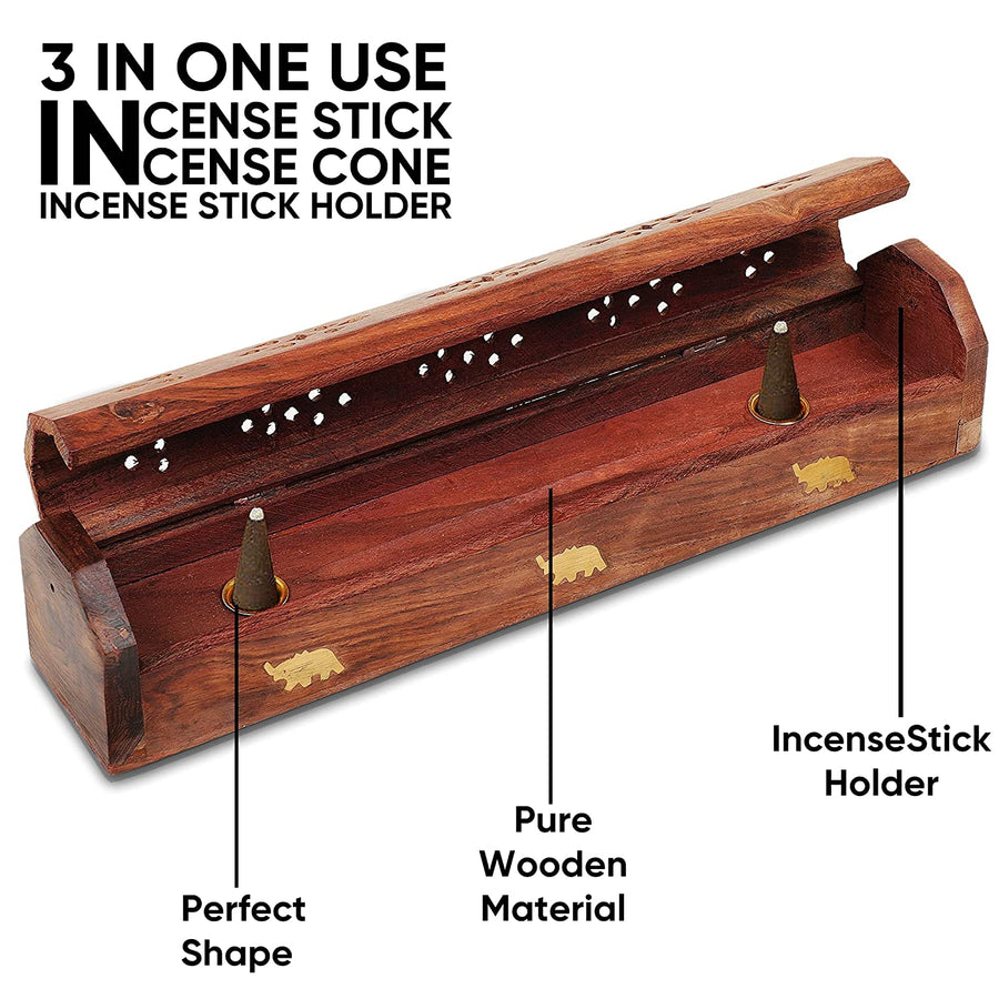 Sheesham Wooden and Brass Dhoop Agarbatti Stick Box Holder Stand (11x1x1.5 inch) Dime Store