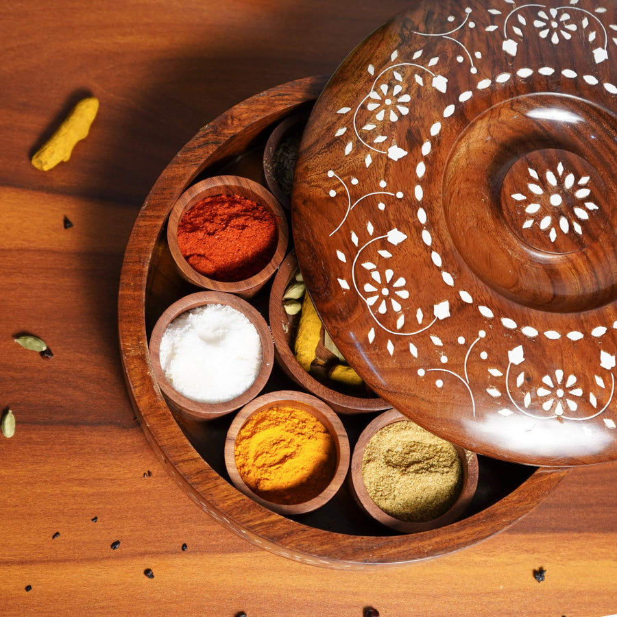 Wooden Masala Box with Spoon, Round Spice Box for Kitchen with Lid Decorative Handmade Masala Dabba Organizer Containers Dime Store