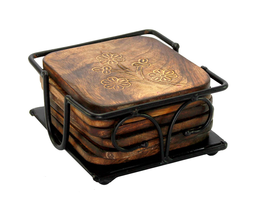 Wooden Square Shaped Mango Wood Beautiful Designed Handcrafted Wooden Tea Coaster for Tea Cups, Coffee Mugs Dime Store