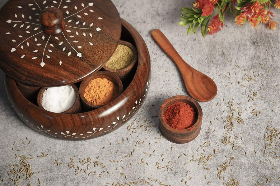 Wooden Masala Box with Spoon, Round Spice Box for Kitchen with Lid Decorative Handmade Masala Dabba Organizer Containers Dime Store