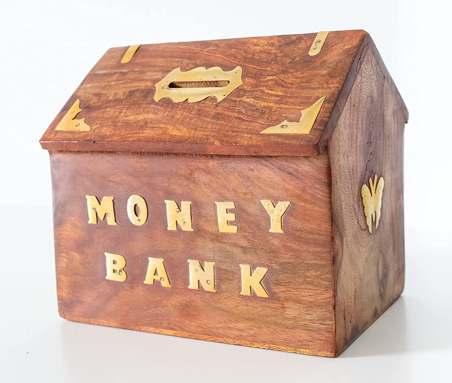 Wooden Hut Shaped Money Bank for Coin Storage Organizer for Kids & Adults , Gullak for Gift Item Dime Store
