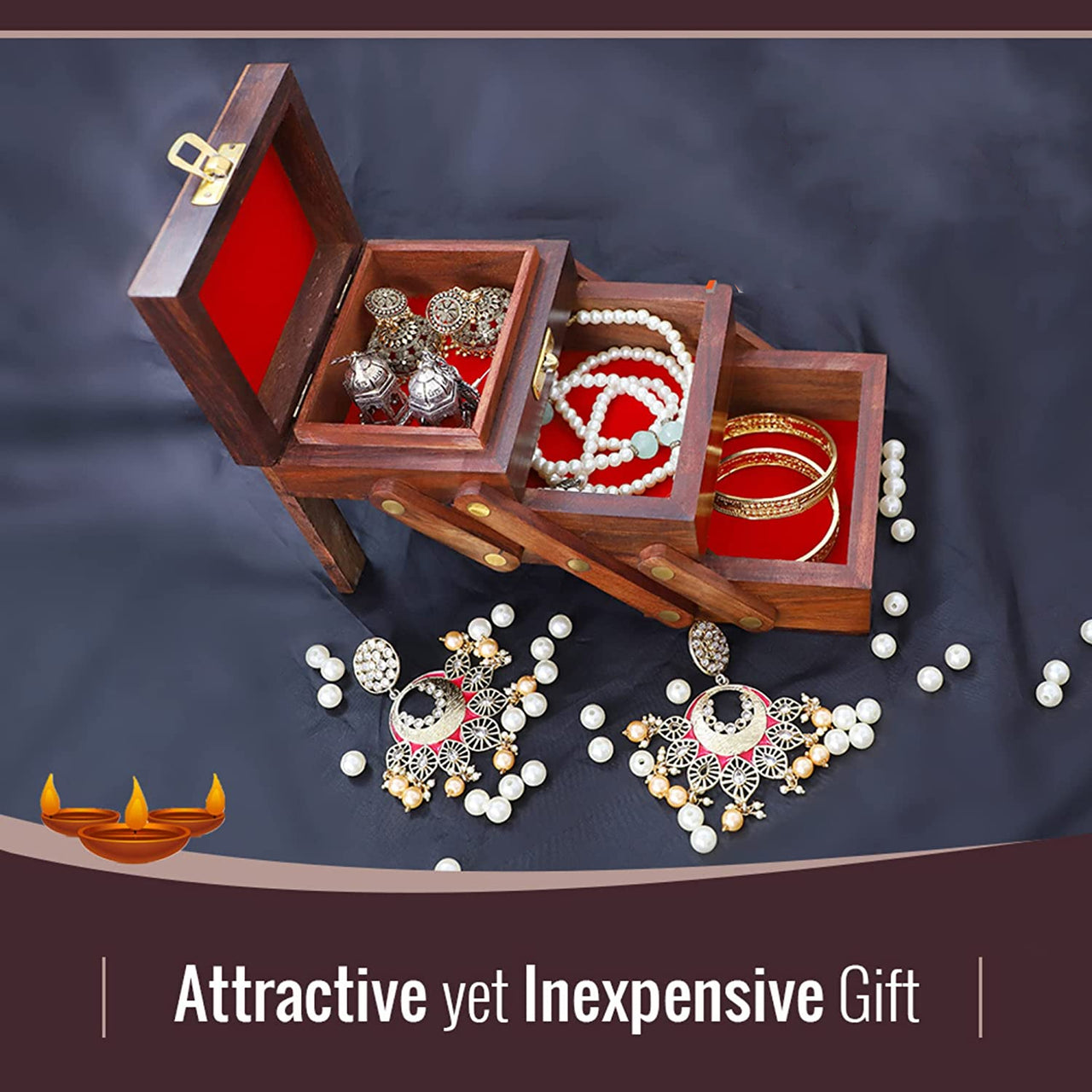 Wooden Folding Handmade Jewellery Box Jewel Boxes Storage Box Organizer Gift Box for Women Necklace Earring Set Bangles Churi Holder Dime Store
