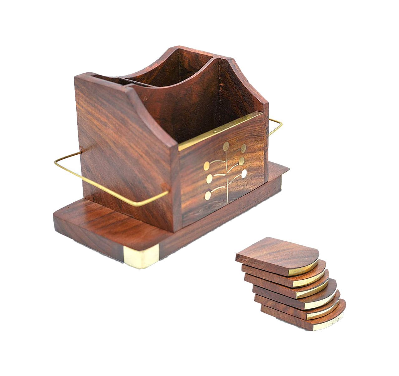 Wooden Coasters Cum Phone Stand and Visiting Card Holder, Coaster Set of 6 for Tea Cups Coffee Mugs Beer Cans Bar Tumblers and Water Glasses Dime Store