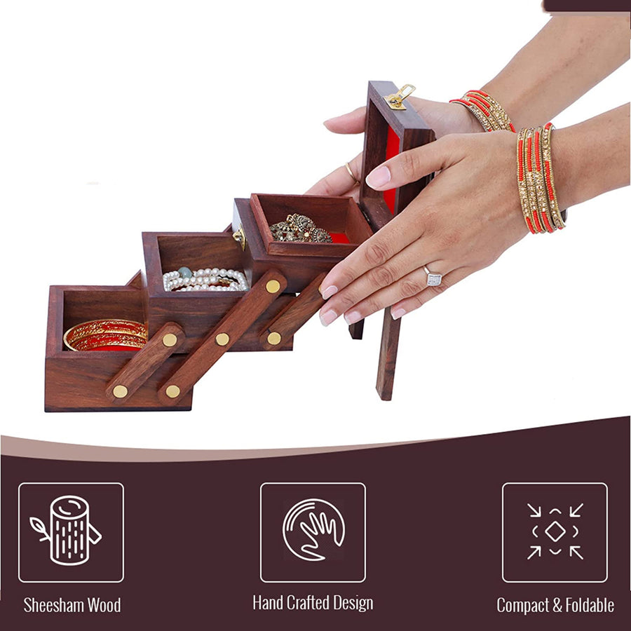 Wooden Folding Handmade Jewellery Box Jewel Boxes Storage Box Organizer Gift Box for Women Necklace Earring Set Bangles Churi Holder Dime Store