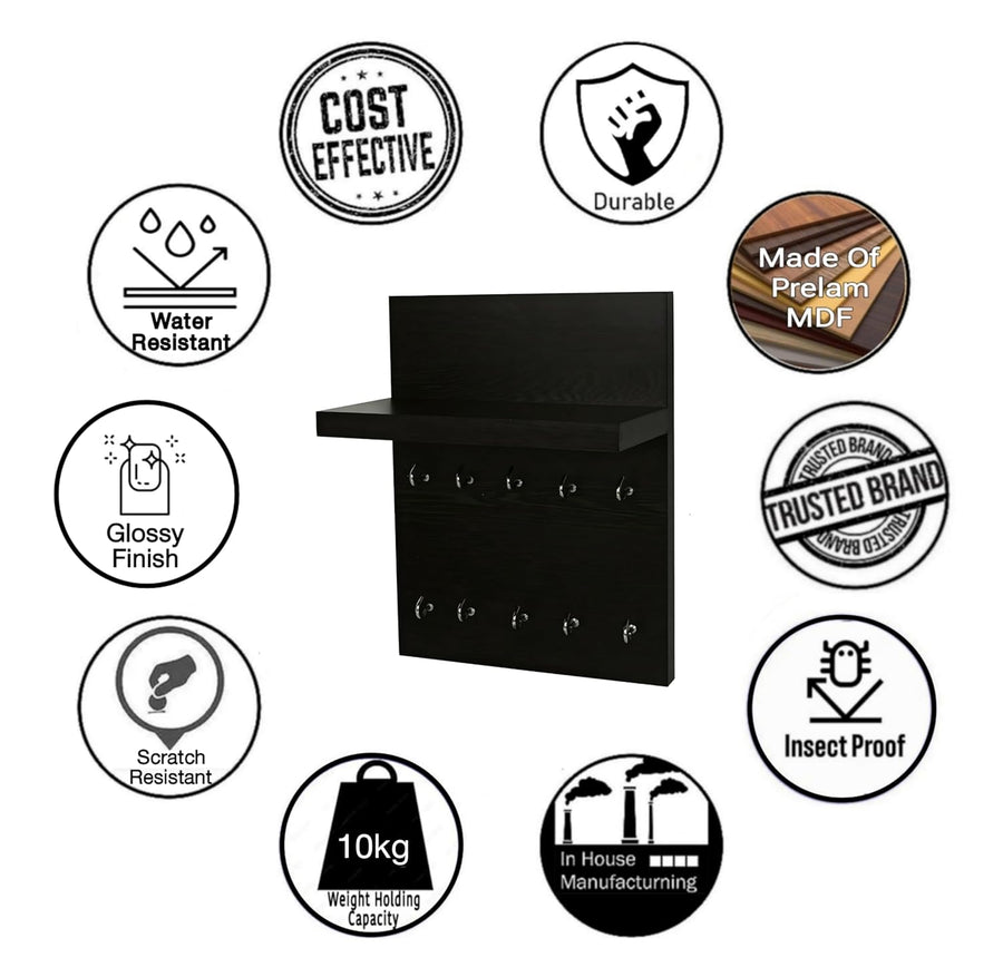 Dime Store Engineered Wood Key Holder for Home with Shelf | Stylish Key Hanger with 10 Hooks Wall Mounted Key Stand for Wall Decor Large Key Holder for Home, Office & Living Room Dime Store