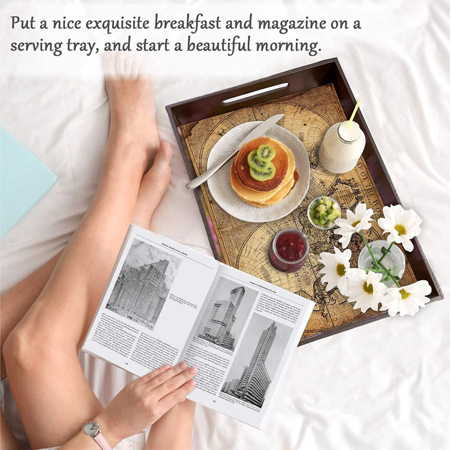 Dime Store Wooden Serving Tray for Breakfast | Decorative Serving Tray Set of 3 Trays for Home and Restaurants (Engineered Wood) (World Map Theme, Brown) Dime Store