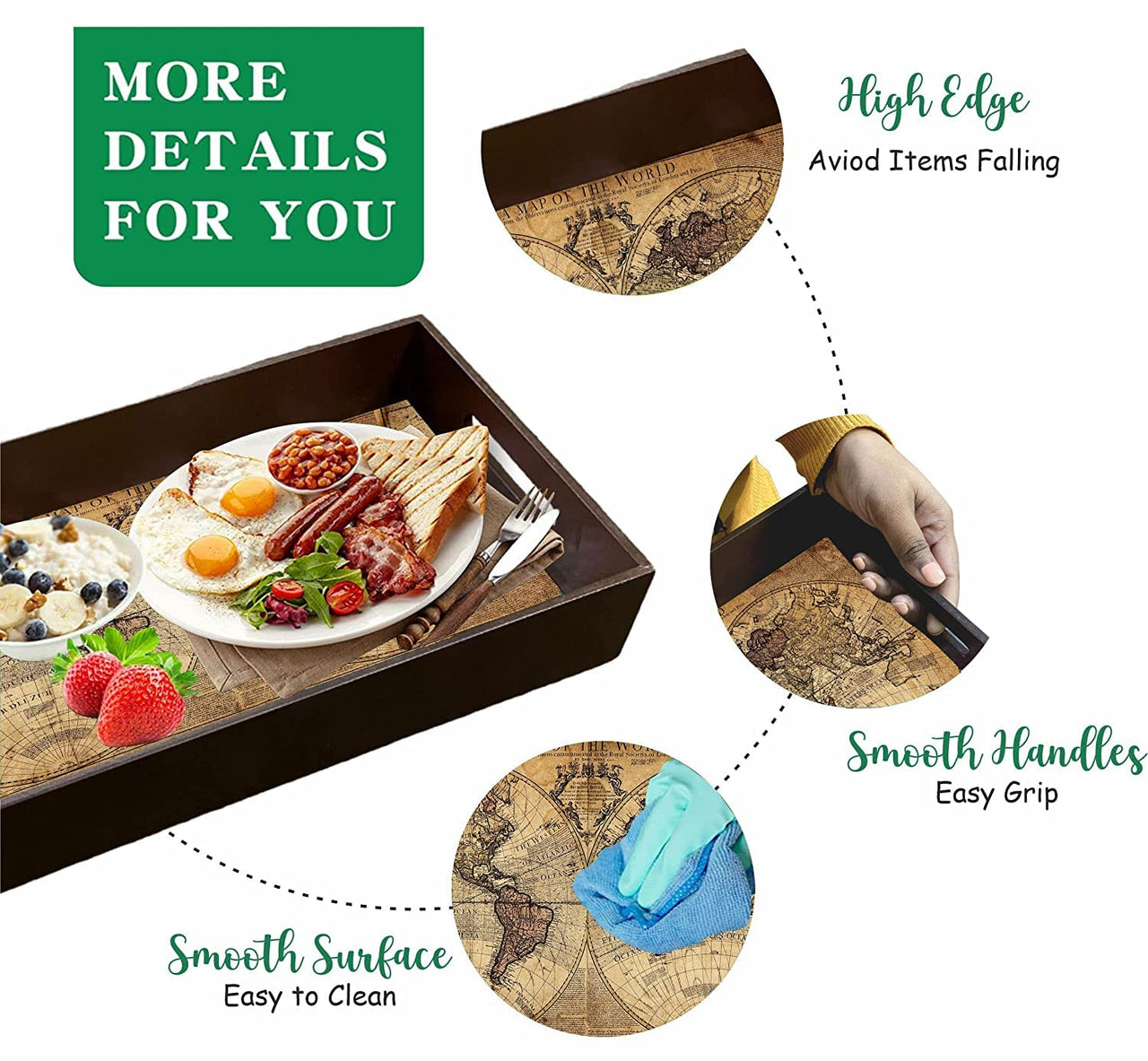 Dime Store Wooden Serving Tray for Breakfast | Decorative Serving Tray Set of 3 Trays for Home and Restaurants (Engineered Wood) (World Map Theme, Brown) Dime Store