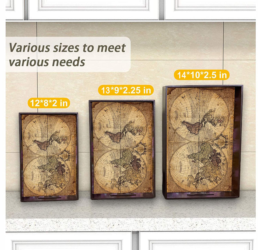 Dime Store Wooden Serving Tray for Breakfast | Decorative Serving Tray Set of 3 Trays for Home and Restaurants (Engineered Wood) (World Map Theme, Brown) Dime Store