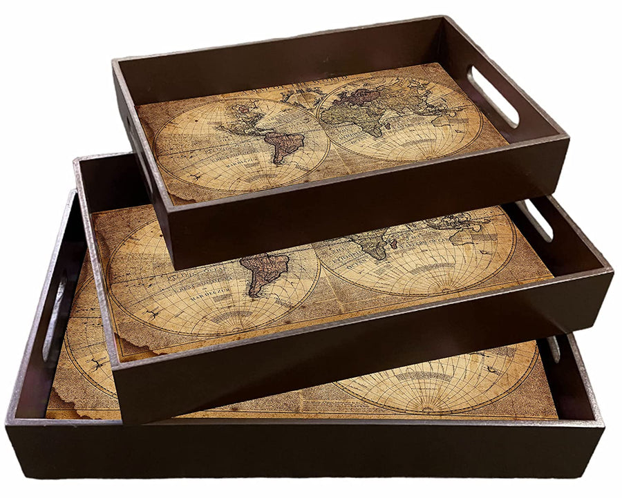 Dime Store Wooden Serving Tray for Breakfast | Decorative Serving Tray Set of 3 Trays for Home and Restaurants (Engineered Wood) (World Map Theme, Brown) Dime Store