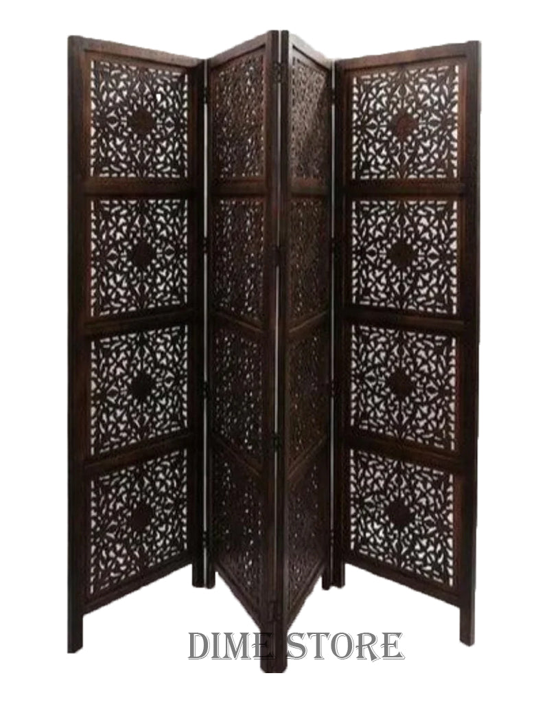Wooden 4 Panel Traditional Partition | Curtains for Bedroom Wall Screen Room Separator Divider for Livingroom | Partition for Room Decoration Dime Store