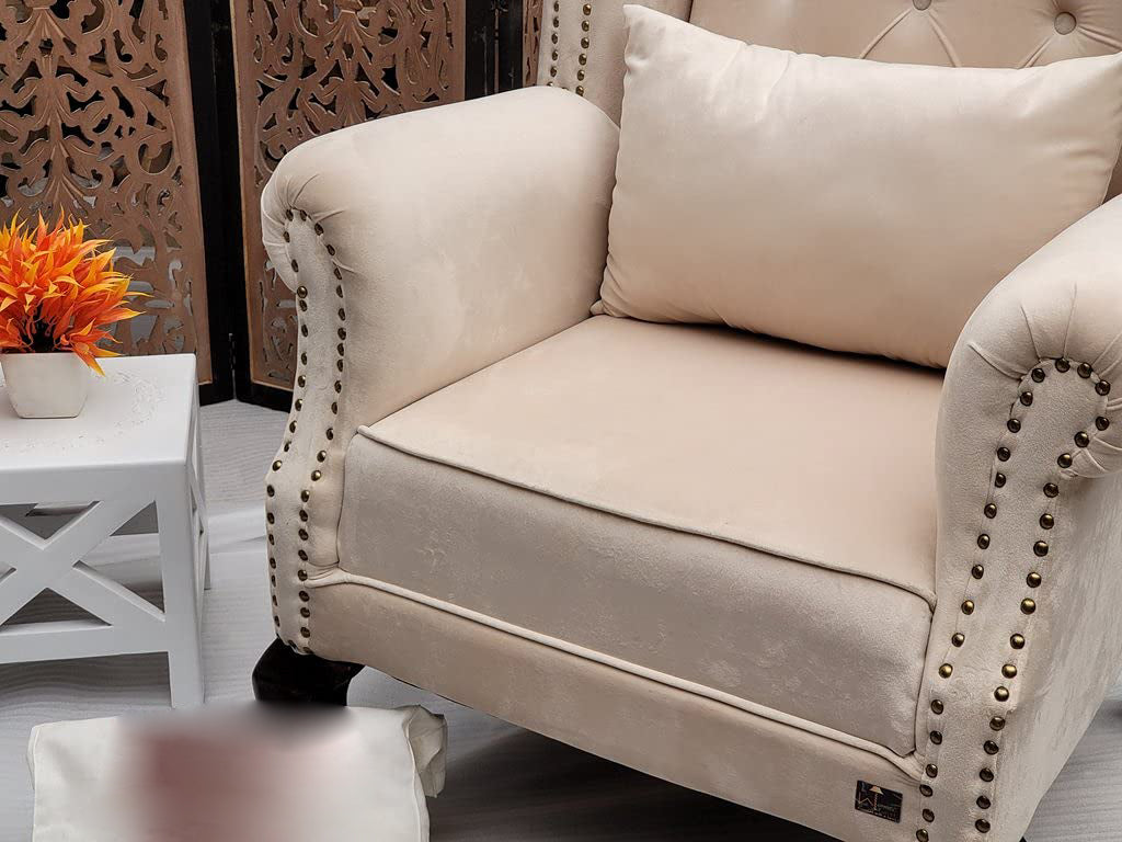 Wooden Furniture Living Room Single Seater Armchair with Fabric Accent and Wingback and Solid Wooden Legs Dime Store