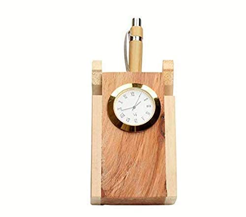 Wooden Single or Double Pen Stand with Clock for Office Table Decoration , Desk Organizer for Office Dime Store