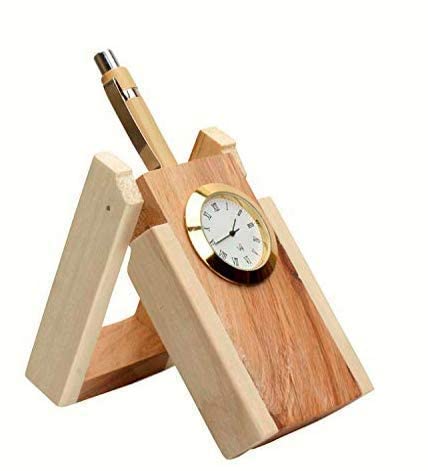 Wooden Single or Double Pen Stand with Clock for Office Table Decoration , Desk Organizer for Office Dime Store
