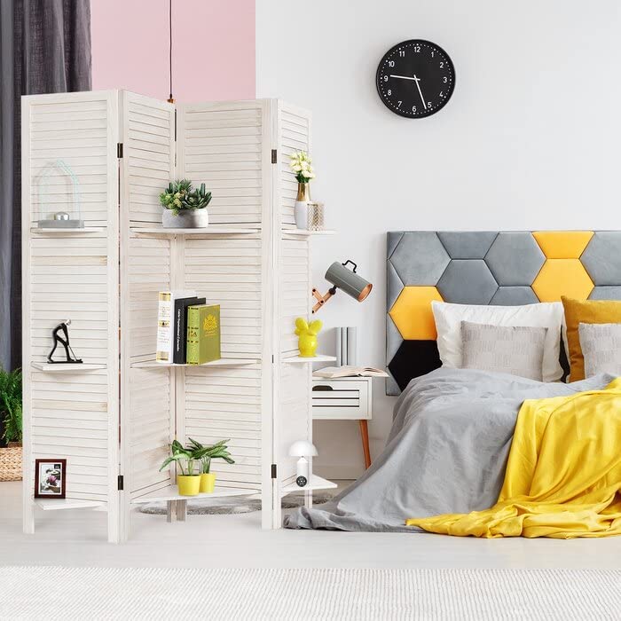 Wooden Traditional Partition Room Divider | Curtains for Halls | Partition for Livingroom | Wall Screen Folding Room Separator Partition (White) Dime Store