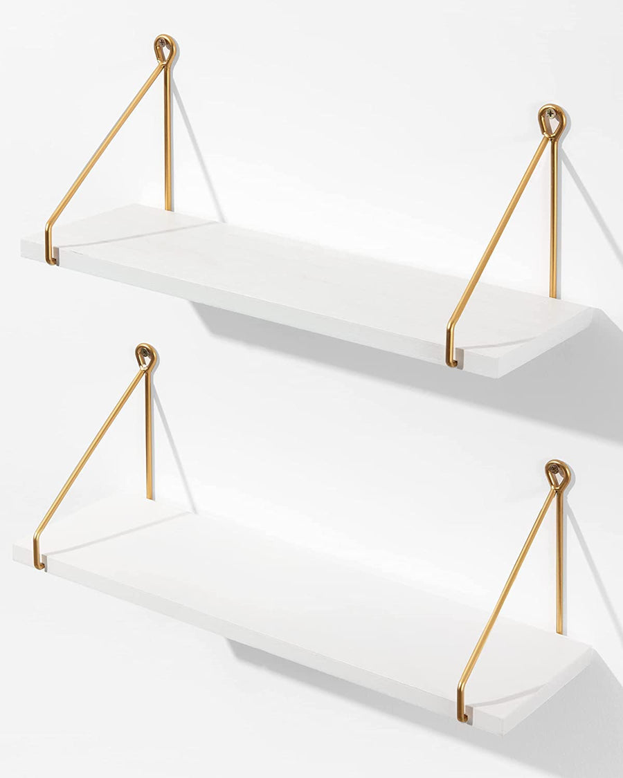 Dime Store Wall Shelf for Living Room, Metallic Gold White Wall Mounted Shelves, Home Decor Items for Living Room/Bedroom, Set of 2 (White Shelves) Dime Store