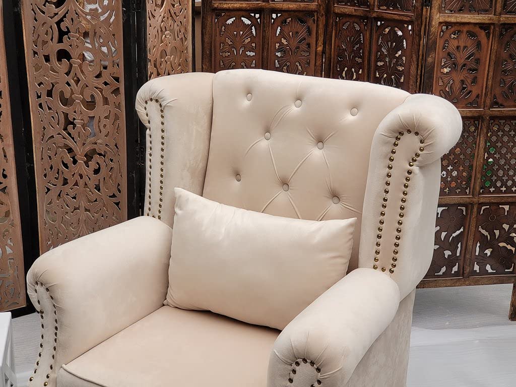 Wooden Furniture Living Room Single Seater Armchair with Fabric Accent and Wingback and Solid Wooden Legs Dime Store