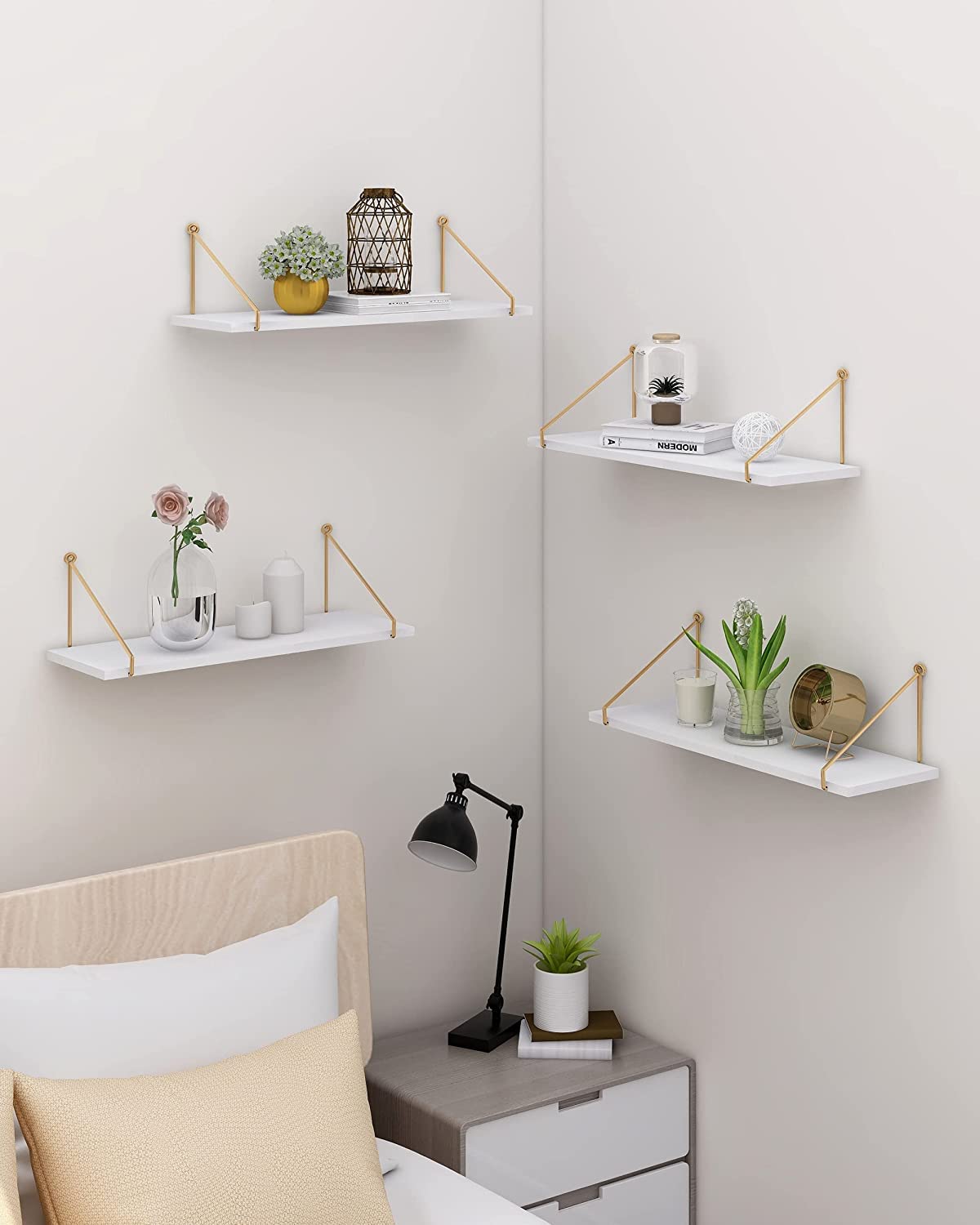 Dime Store Wall Shelf for Living Room, Metallic Gold White Wall Mounted Shelves, Home Decor Items for Living Room/Bedroom, Set of 2 (White Shelves) Dime Store