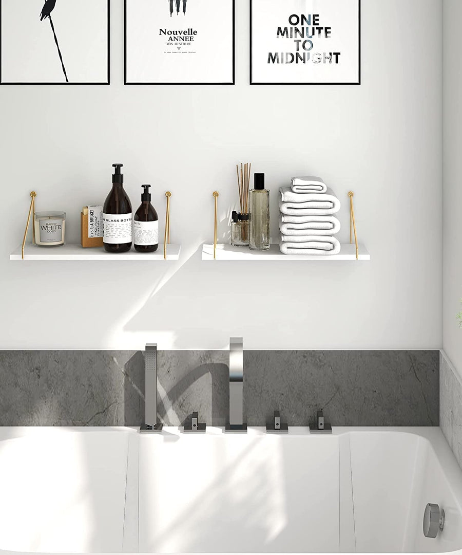 Dime Store Wall Shelf for Living Room, Metallic Gold White Wall Mounted Shelves, Home Decor Items for Living Room/Bedroom, Set of 2 (White Shelves) Dime Store