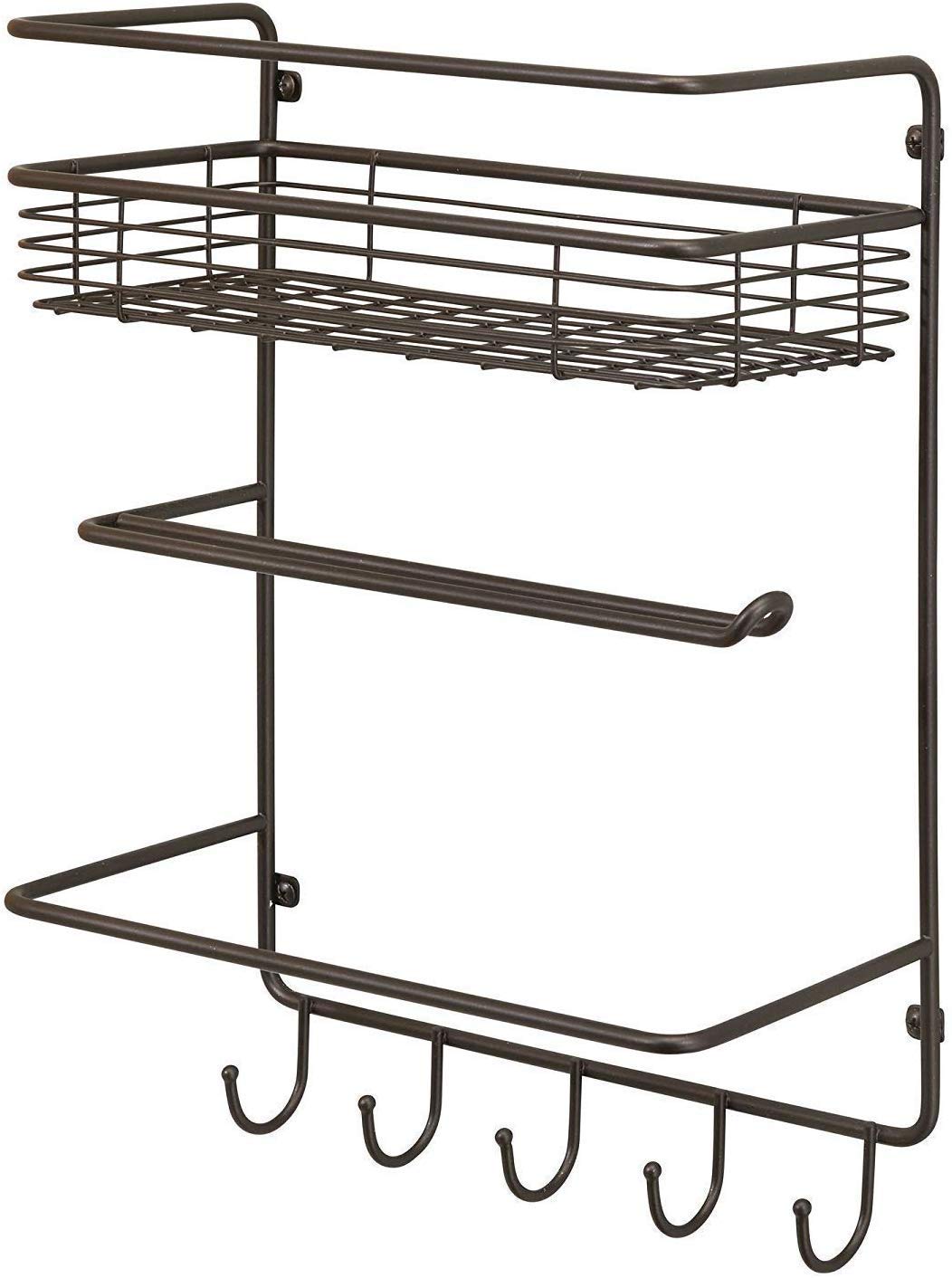 Iron Wall Mounted Lid Holder Paper Towel Holder with Storage Shelf and Hooks for Kitchen Condiment Stand Over The Balcony Grill Rack Dime Store