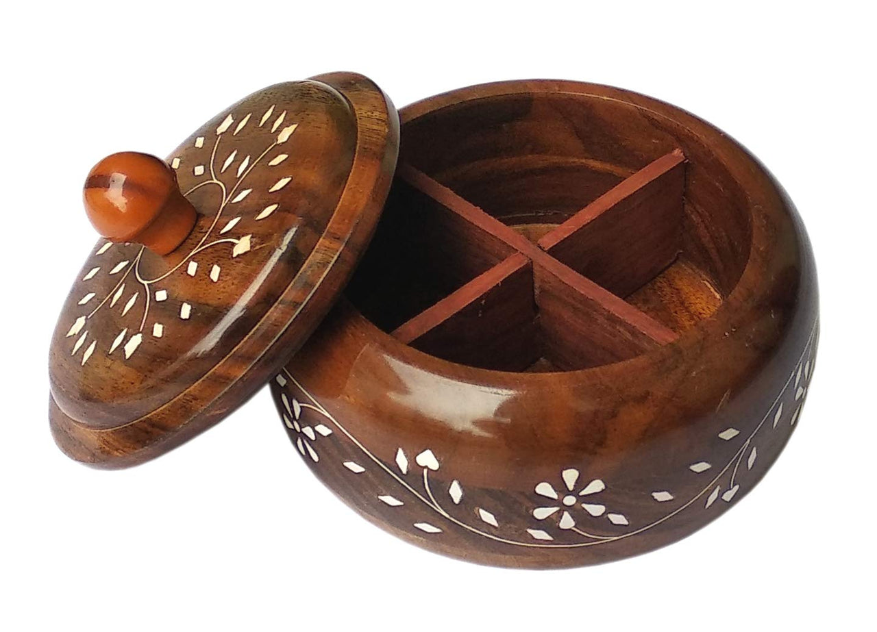 Handicraft Sheehsam Wood Dry Fruit Box for Food Storage, Spice Box, 4 Compartment Masala Box for Kitchen Dime Store