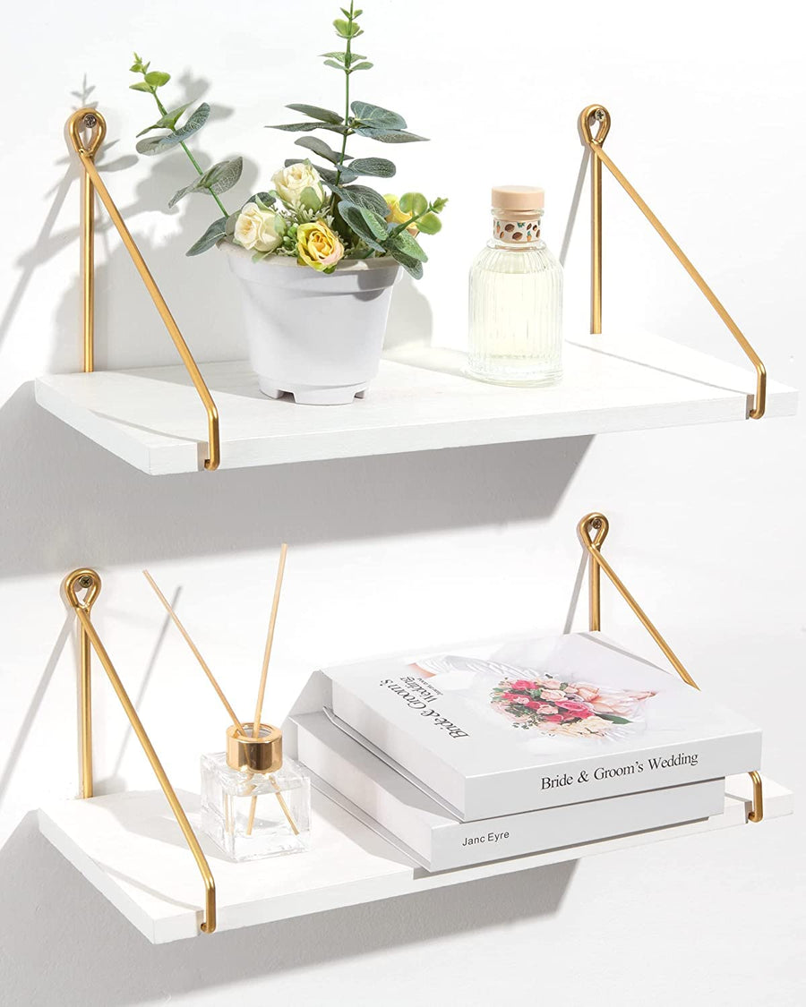 Dime Store Wall Shelf for Living Room, Metallic Gold White Wall Mounted Shelves, Home Decor Items for Living Room/Bedroom, Set of 2 (White Shelves) Dime Store