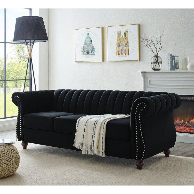 Wooden Designer Velvet Rolled Arm Chesterfield Sofa 3 Seater Couch Lounge Dime Store