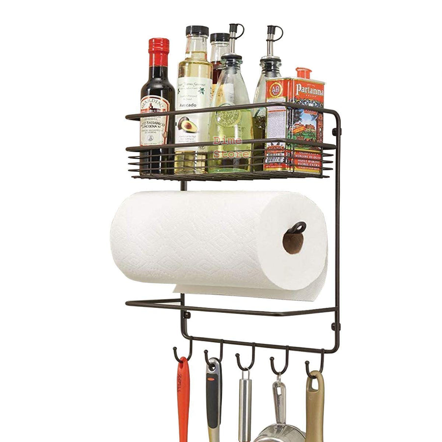 Iron Wall Mounted Lid Holder Paper Towel Holder with Storage Shelf and Hooks for Kitchen Condiment Stand Over The Balcony Grill Rack Dime Store