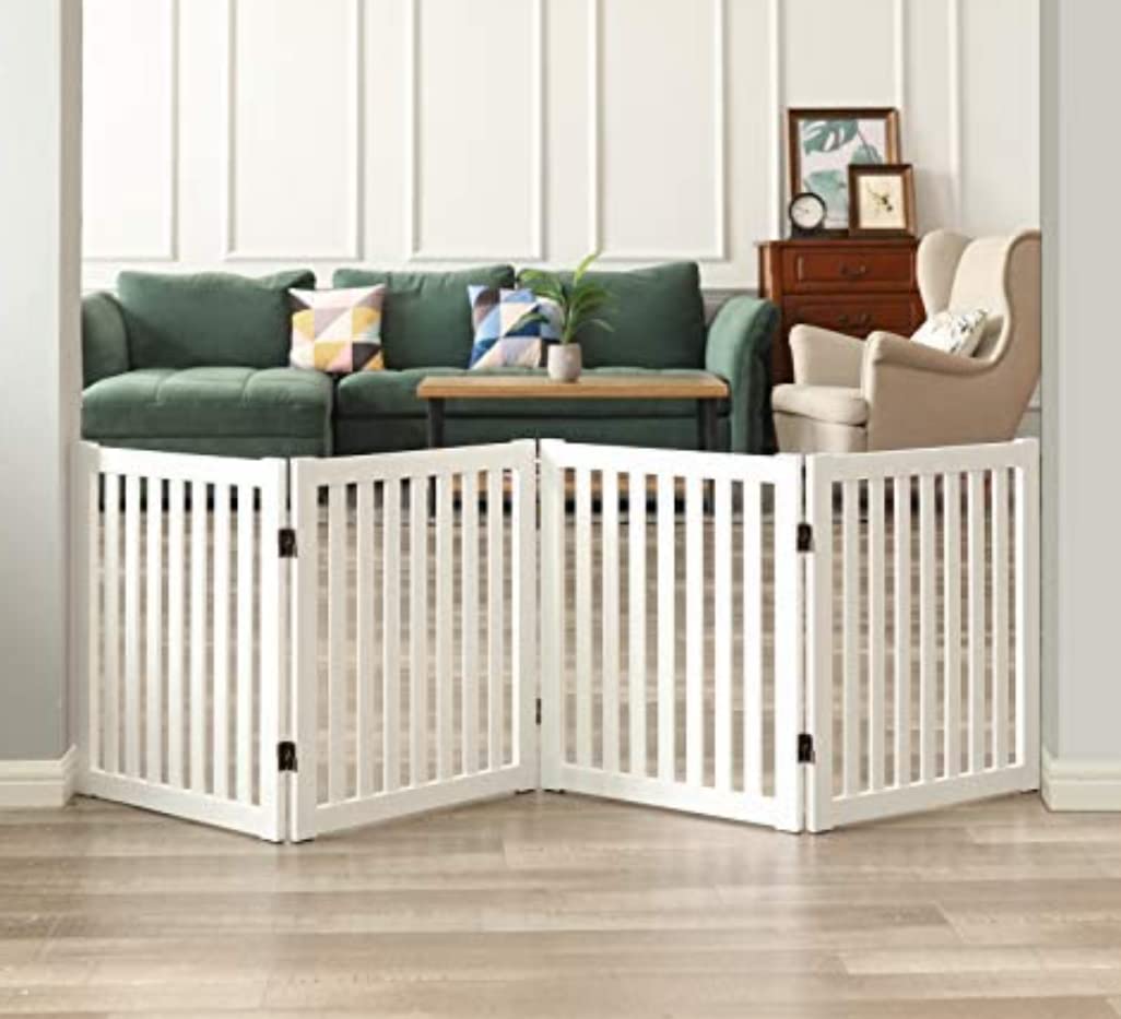 Wooden Unique Folding Pet Gate 4 Panel , Baby Gate for Stairs Step Over Fence for Stairs | Baby Safety Fence Dog Gate Dime Store