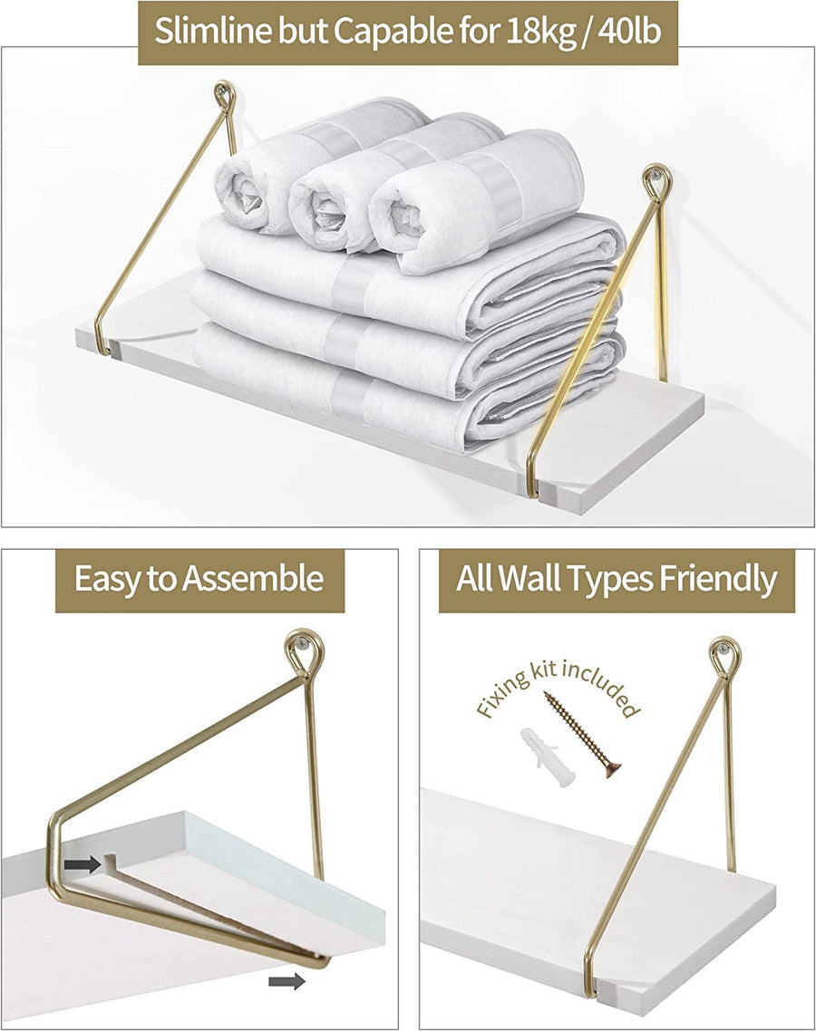 Dime Store Wall Shelf for Living Room, Metallic Gold White Wall Mounted Shelves, Home Decor Items for Living Room/Bedroom, Set of 2 (White Shelves) Dime Store