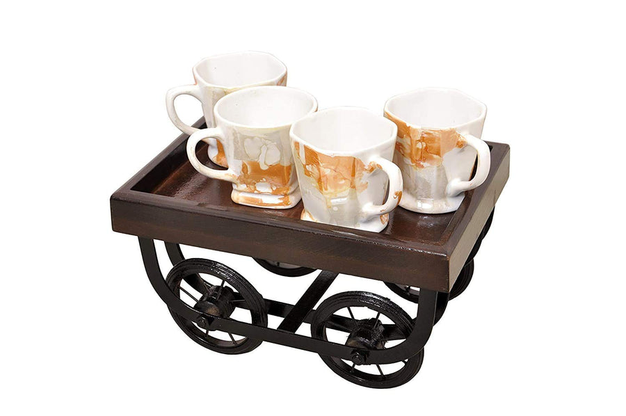 Wooden Handmade Tray , Multipurpose Tray Serving trays for cakess, snacks, breakfast, and coffee tables , Cart Thelaa Shape Tray with Movable Wheels Dime Store