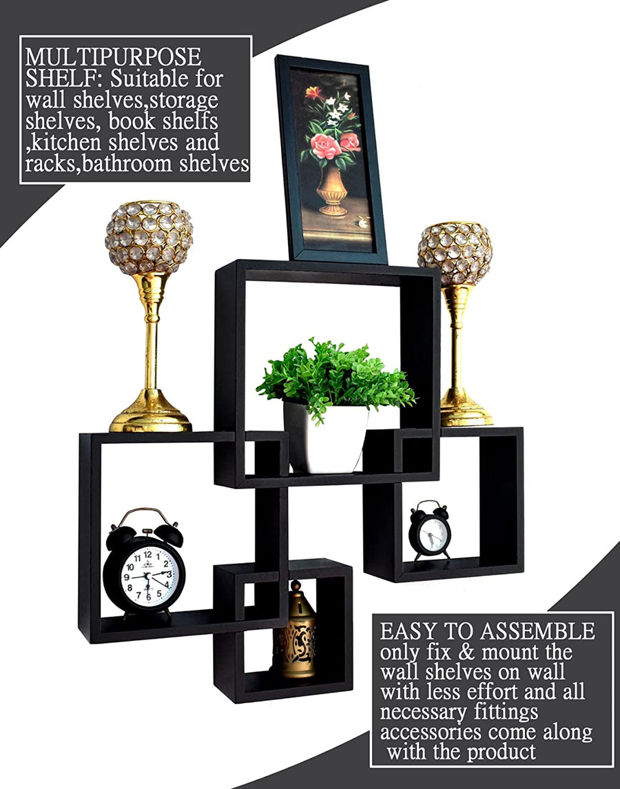 Dime Store Wooden Intersecting Wall Mounted Wall Shelves Wall Racks for Home Decor Items | Floating wall racks for Decoration Rack shelves for living room & office (Set of 4) Dime Store