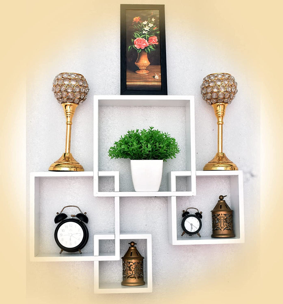 Dime Store Wooden Intersecting Wall Mounted Wall Shelves Wall Racks for Home Decor Items | Floating wall racks for Decoration Rack shelves for living room & office (Set of 4) Dime Store