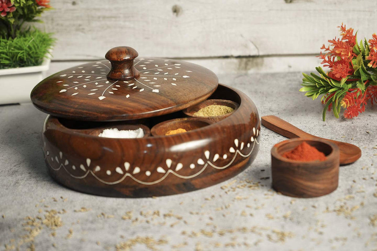 Wooden Masala Box with Spoon, Round Spice Box for Kitchen with Lid Decorative Handmade Masala Dabba Organizer Containers Dime Store