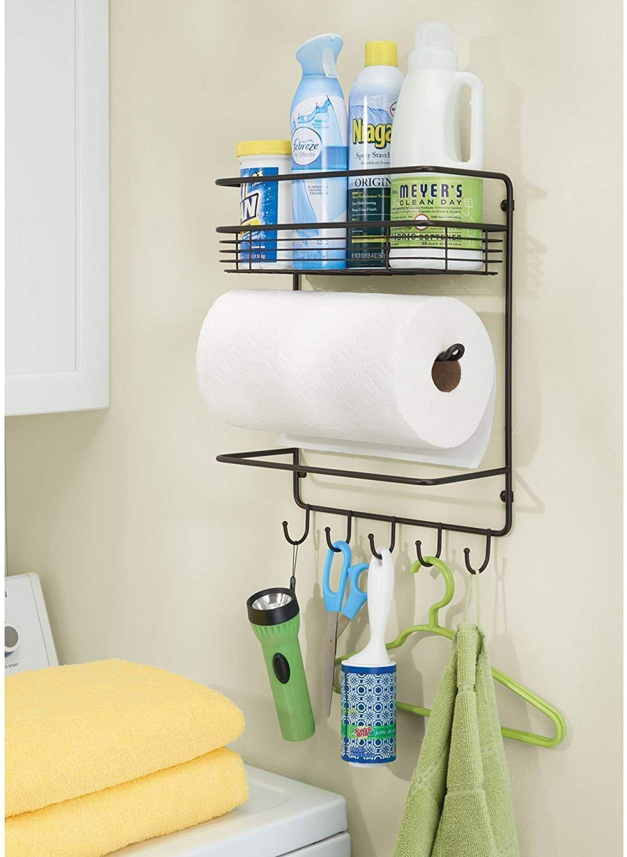 Iron Wall Mounted Lid Holder Paper Towel Holder with Storage Shelf and Hooks for Kitchen Condiment Stand Over The Balcony Grill Rack Dime Store