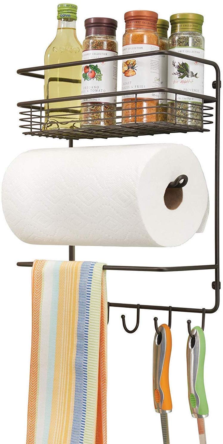 Iron Wall Mounted Lid Holder Paper Towel Holder with Storage Shelf and Hooks for Kitchen Condiment Stand Over The Balcony Grill Rack Dime Store