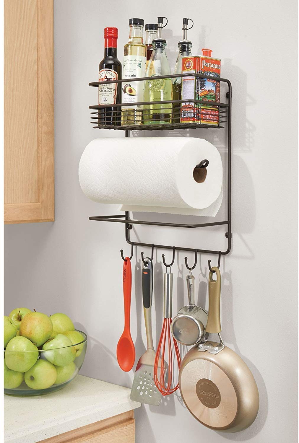 Iron Wall Mounted Lid Holder Paper Towel Holder with Storage Shelf and Hooks for Kitchen Condiment Stand Over The Balcony Grill Rack Dime Store