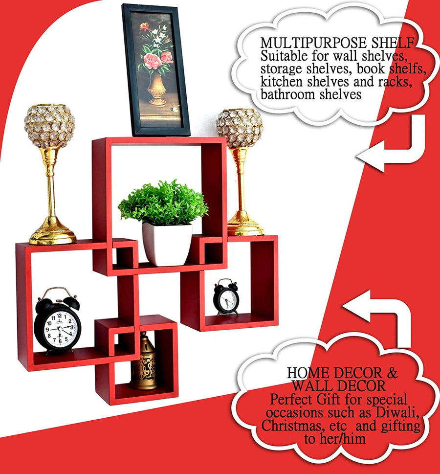 Dime Store Wooden Intersecting Wall Mounted Wall Shelves Wall Racks for Home Decor Items | Floating wall racks for Decoration Rack shelves for living room & office (Set of 4) Dime Store