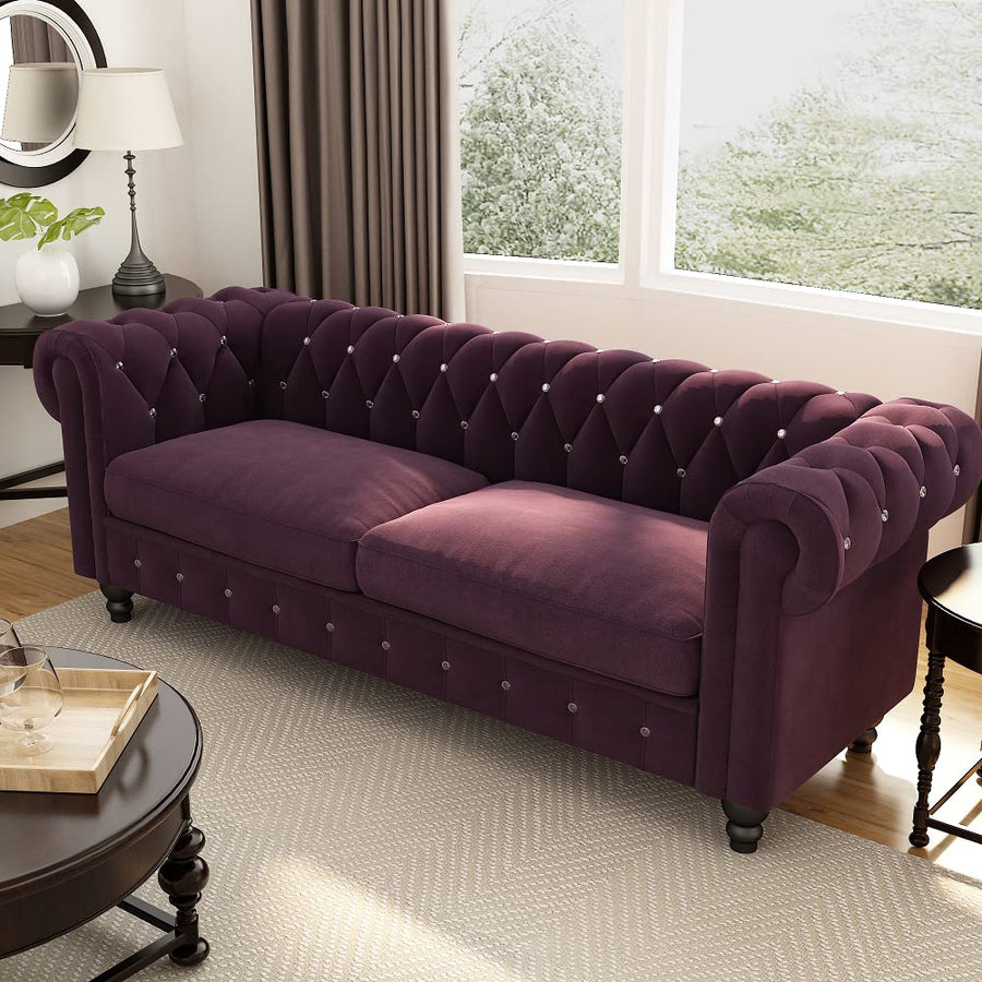 Wooden Velvet 3 Seater Chesterfield Sofa for Livingroom , Bedroom & Hallway | Traditional Large Chesterfield Sofa Dime Store