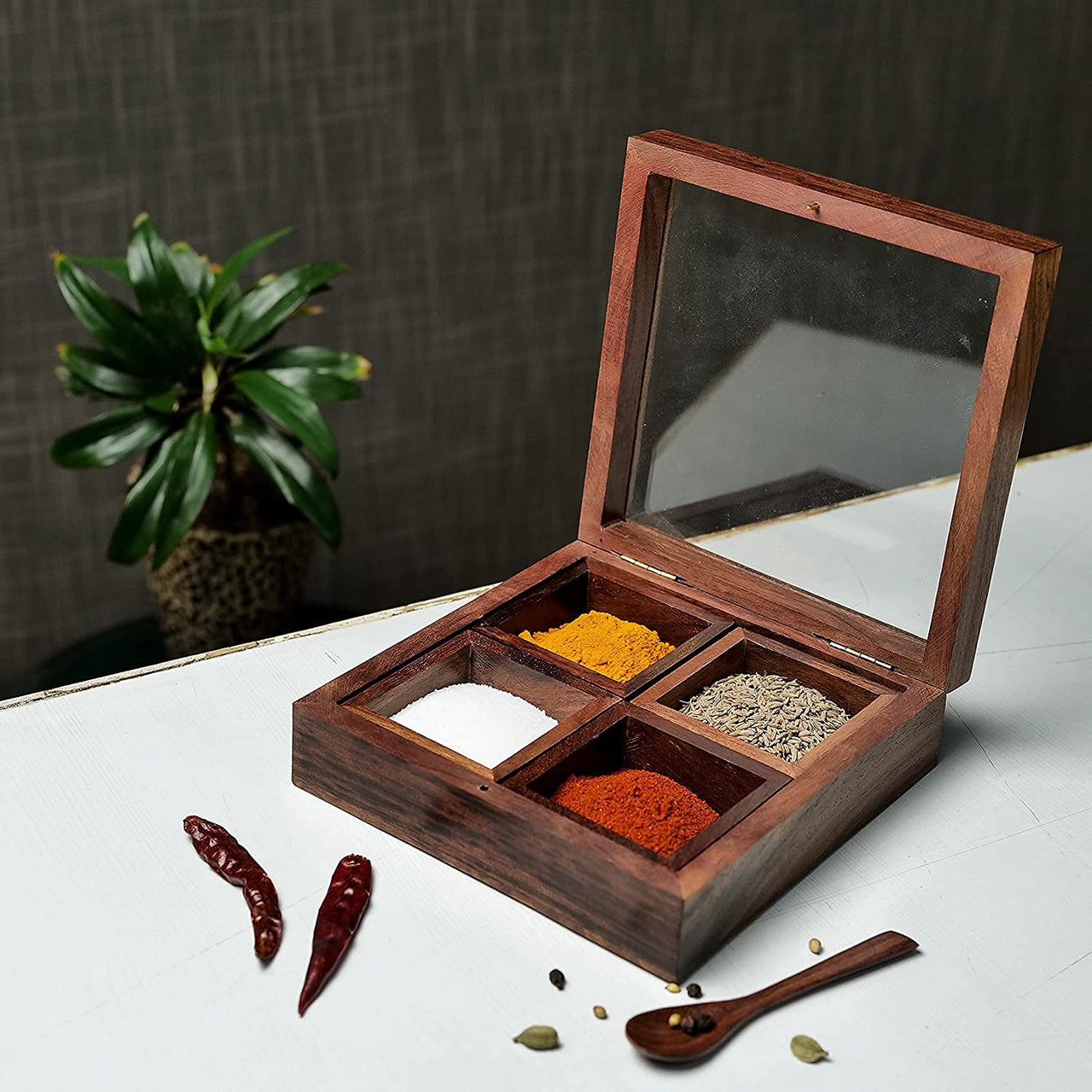 Wooden Masala Box Spice Holder for Kitchen , Multipurpose Decorative Boxes Masala Dabba Organizer Dime Store