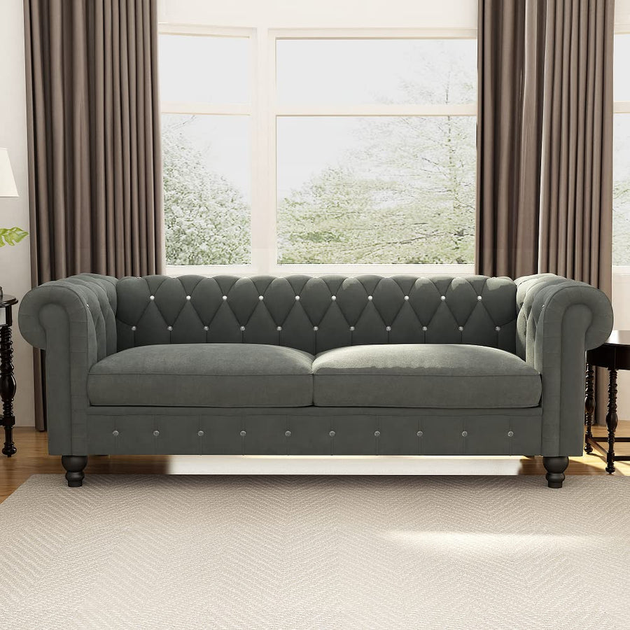 Wooden Velvet 3 Seater Chesterfield Sofa for Livingroom , Bedroom & Hallway | Traditional Large Chesterfield Sofa Dime Store