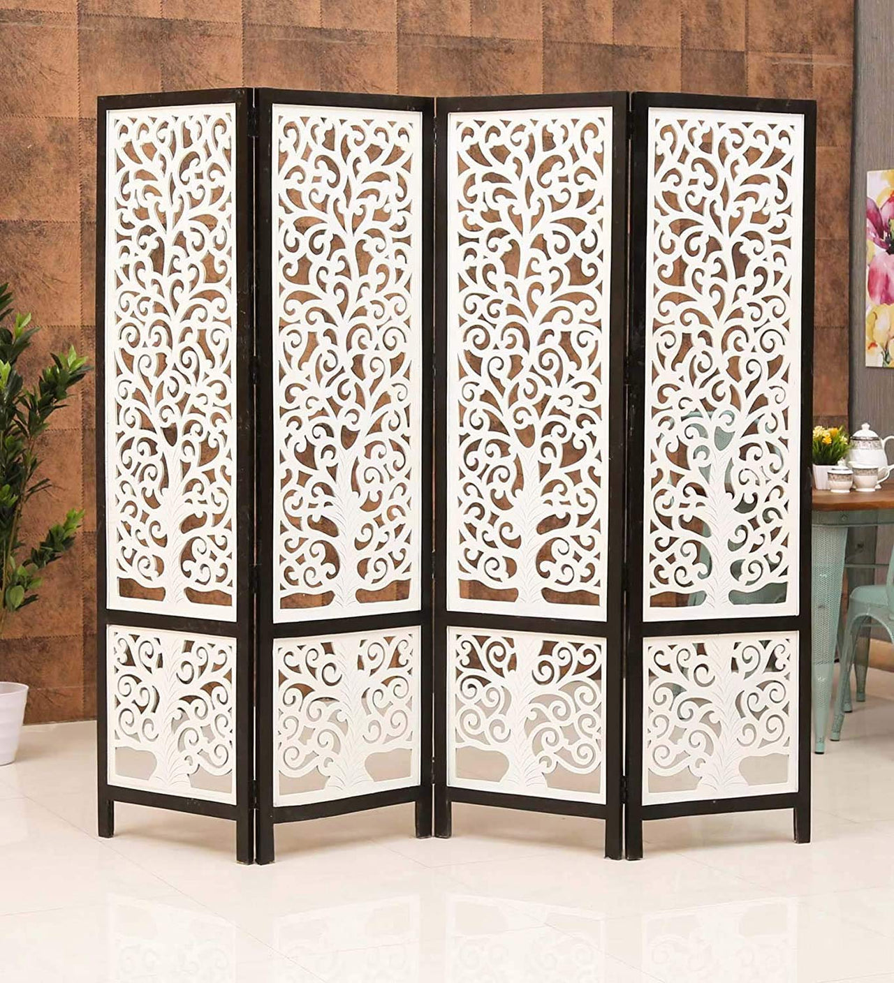 Wooden Partition Stylish 4 Panel | Wall Screen | Room Divider | Partition for Living Room | Foldable Partition | Room Separator Portable Dime Store