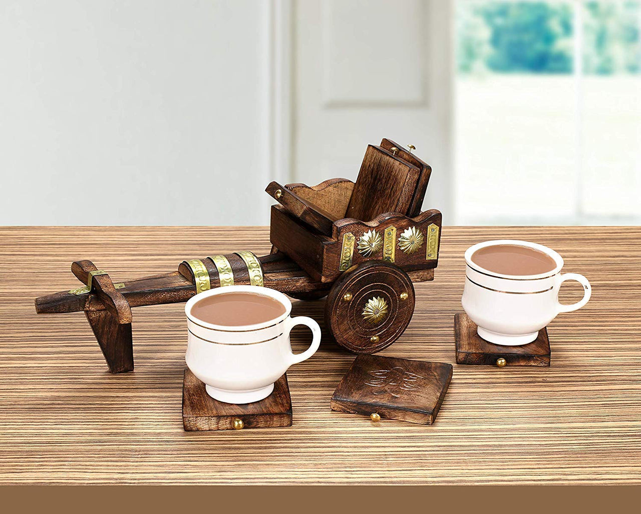 Wooden Decorative Bull cart Shaped Coaster for Office & Home , Coaster Set of 6 Dime Store