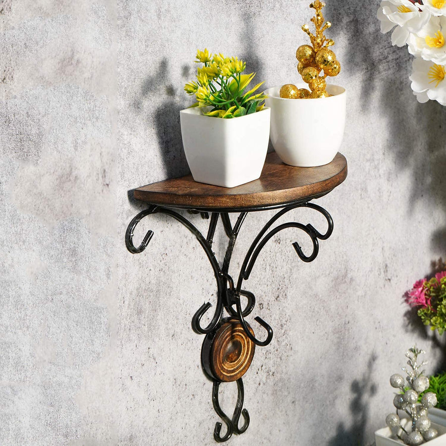 Wooden & Wrought Iron Wall Bracket Shelf | Wall Hanging Bracket for Living Room | Decorative Corner | Fancy Wall Bracket Dime Store