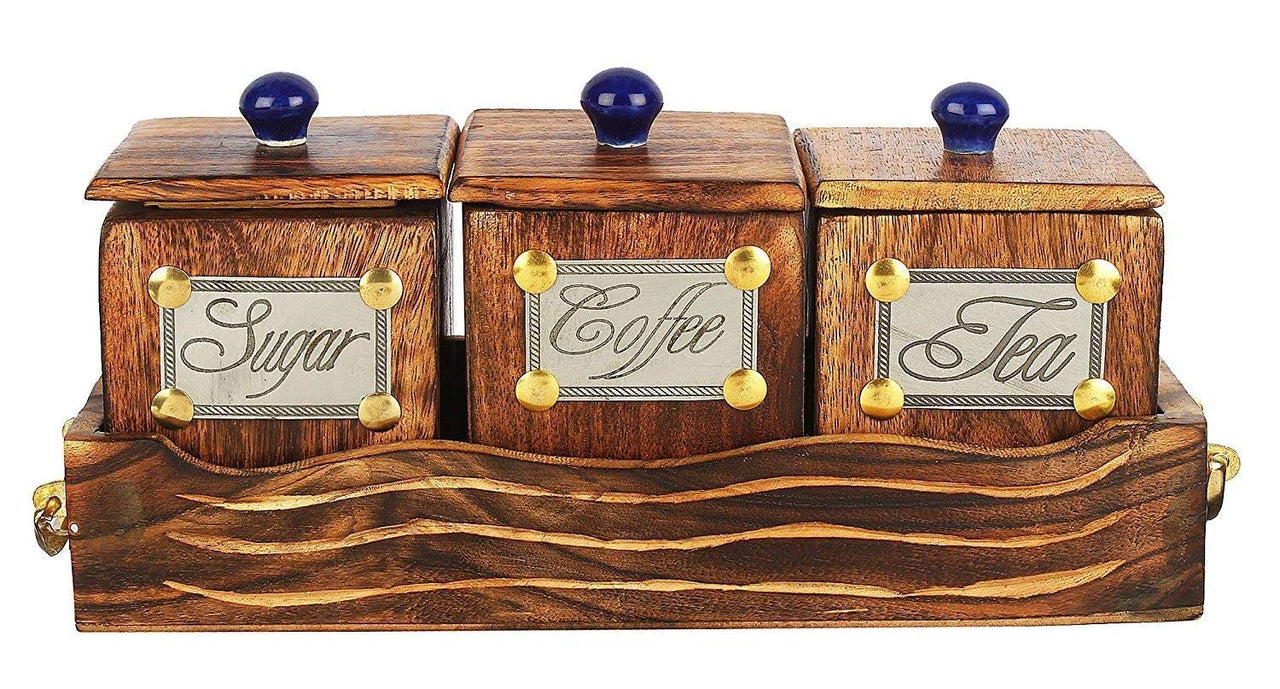 Wooden Tea Coffee Sugar Container Set | 3 Container Canister Set with Tray and Lid |Condiment Set | Coffee container for Kitchen Decoration Dime Store