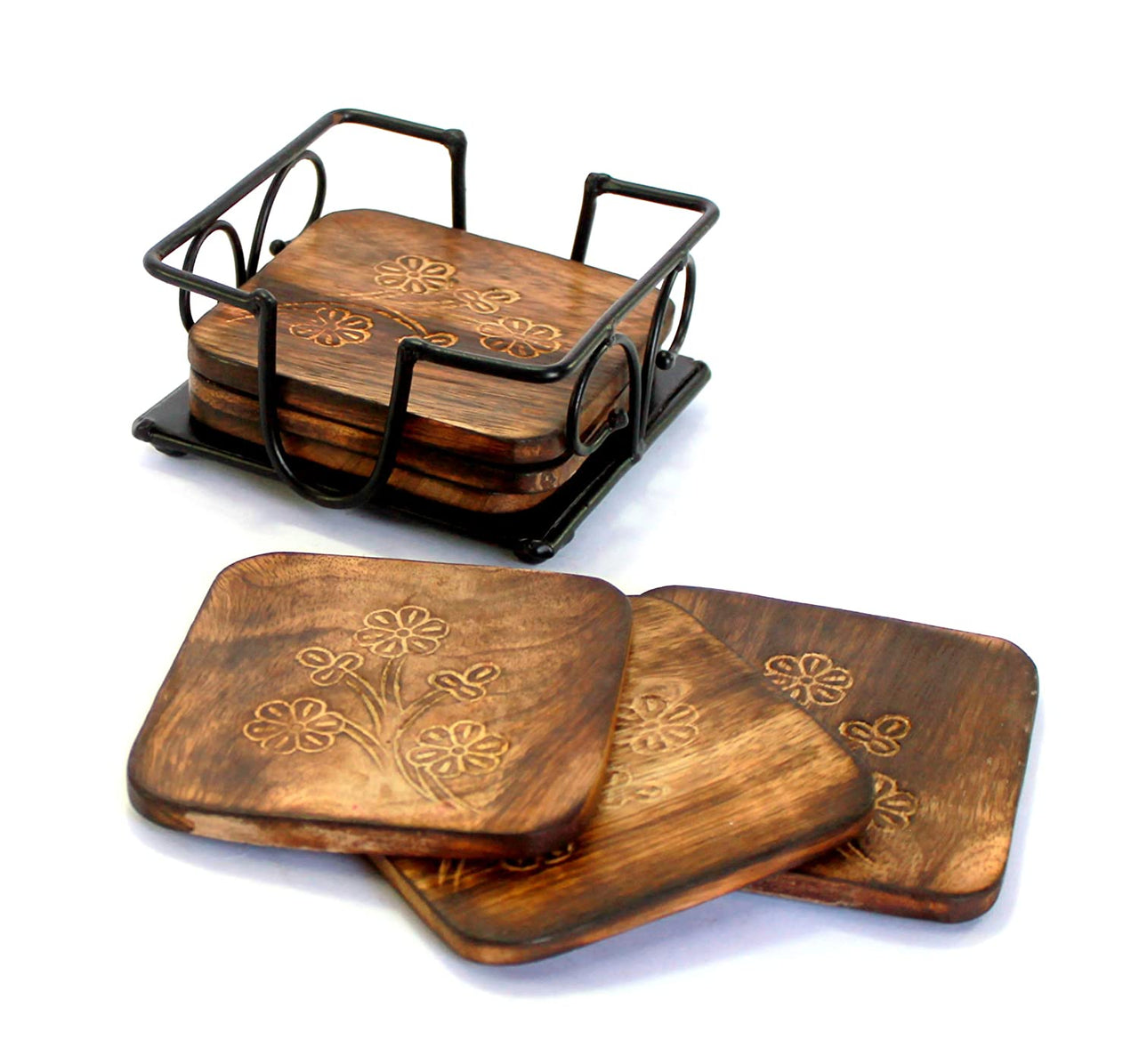 Wooden Square Shaped Mango Wood Beautiful Designed Handcrafted Wooden Tea Coaster for Tea Cups, Coffee Mugs Dime Store